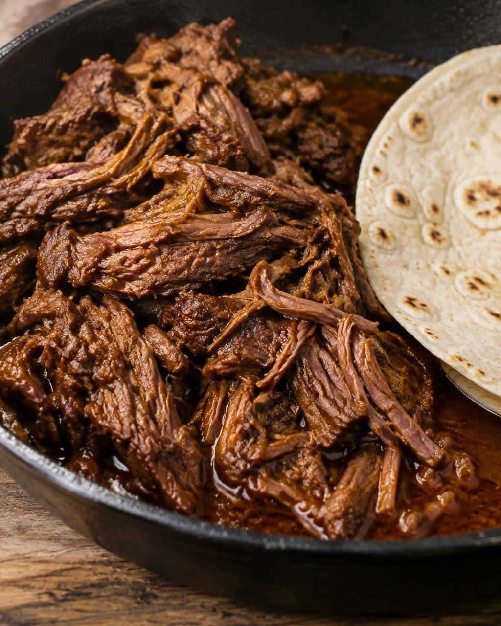 Shredded barbacoa in a skillet beside a flour tortilla