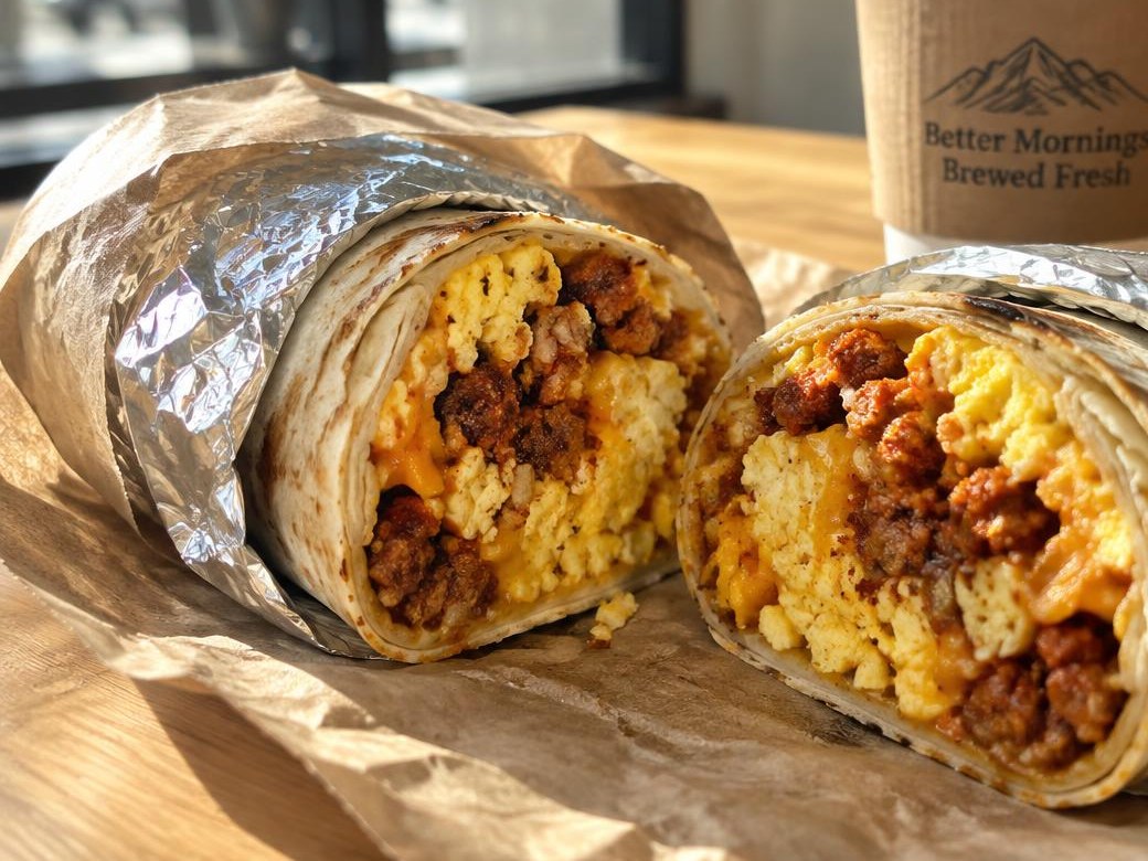 Breakfast burrito with egg and chorizo cut in half