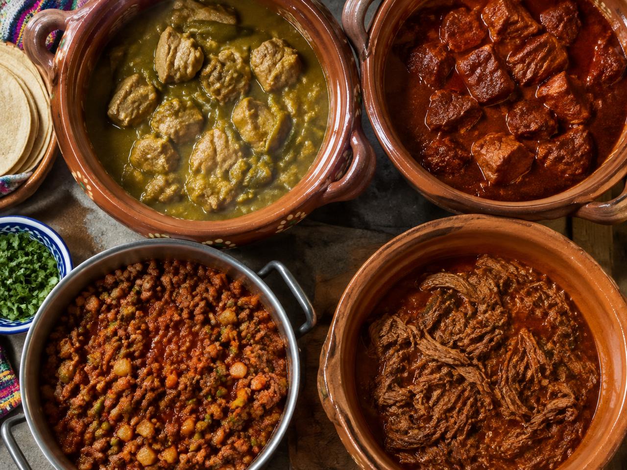 Pots of red and green chile, picadillo, and shredded beef guisados