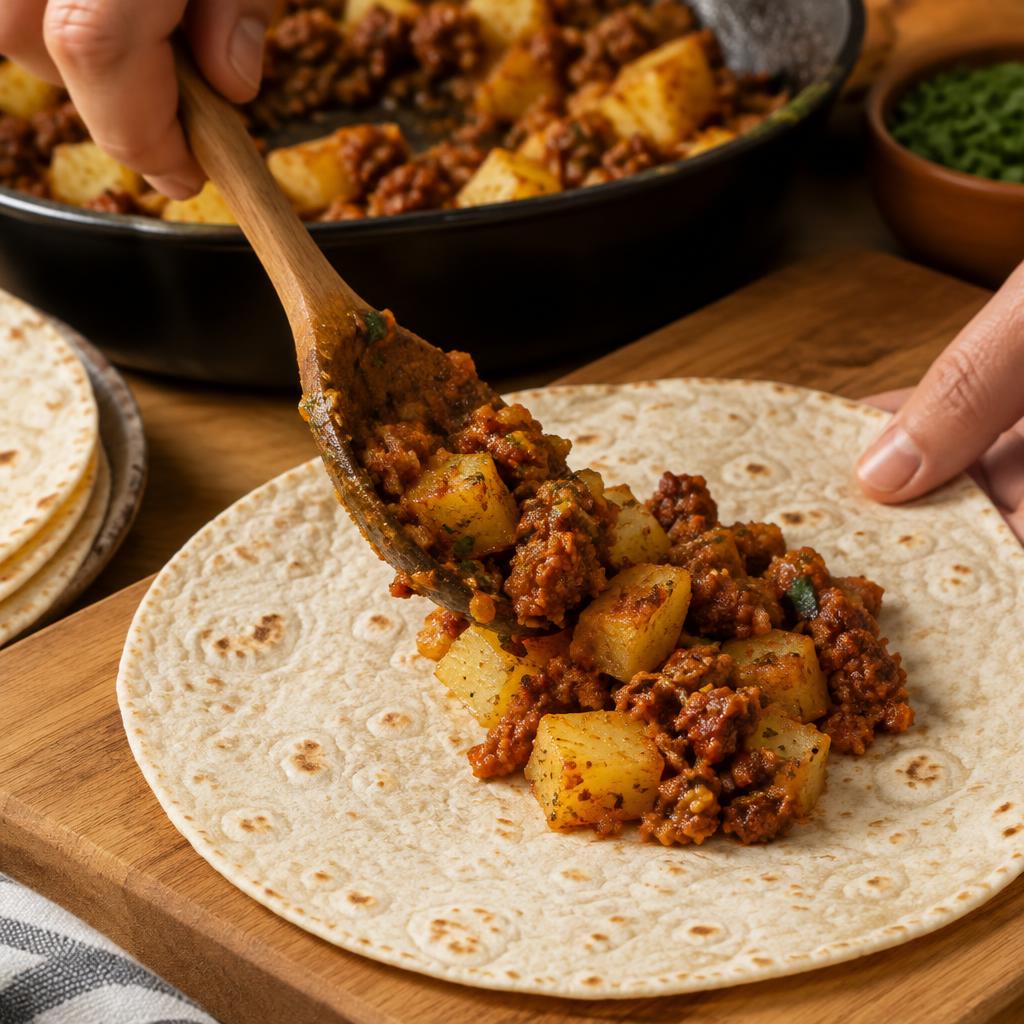 Papas con chorizo spooned onto a flour tortilla